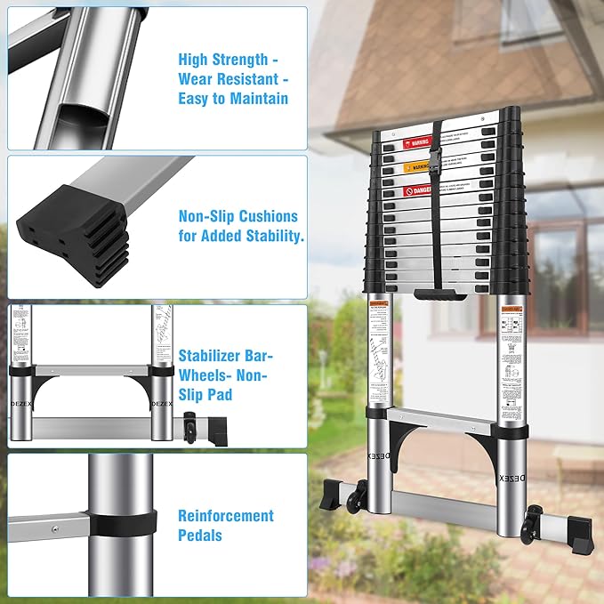 Telescoping Ladders 16.5 FT Stainless Steel Extension Ladders - Multi-Button Retraction Collapsible Ladder for Home,RV,Loft, Lasts 375 LBS with Balance Bar,2 Triangle Stabilizers and Wheels