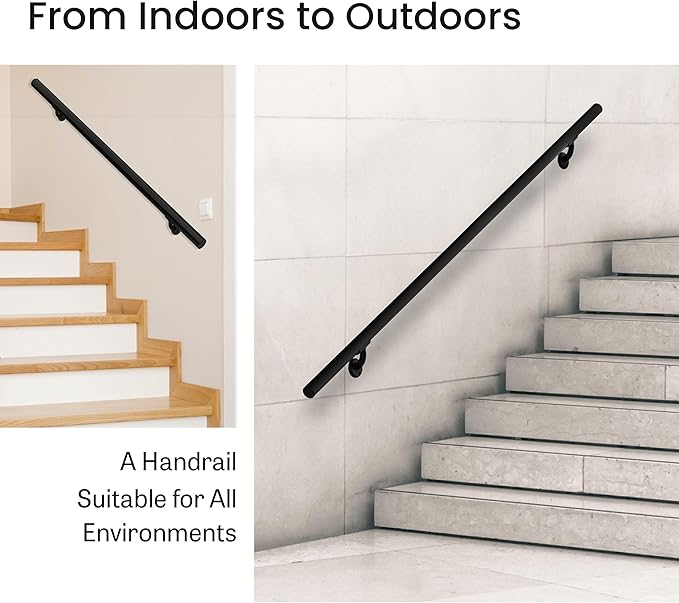 Meranti Aluminum Handrail for Indoor or Outdoor Steps and Stairs – Hand Rails for Elderly – DIY Complete Stair Railing Kit (AHR, Black Textured, 9' Length)