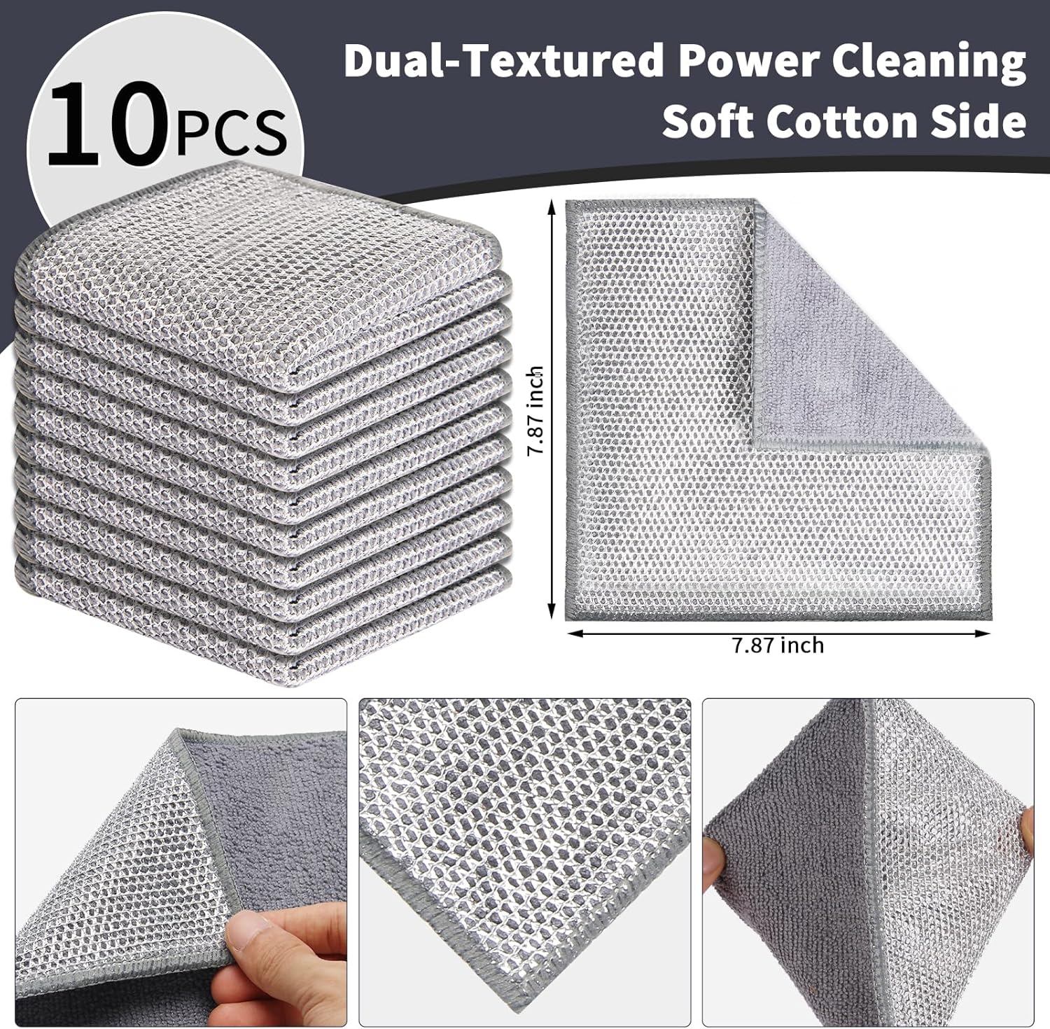 2 in 1 Stainless Steel Scrubber & Microfiber Cleaning Cloth, 10 Pack Towel & Steel Scrub Cloth for Pans, Dishes, Countertops, Reusable Non-Scratch Cleaning Pad for Kitchen Sink