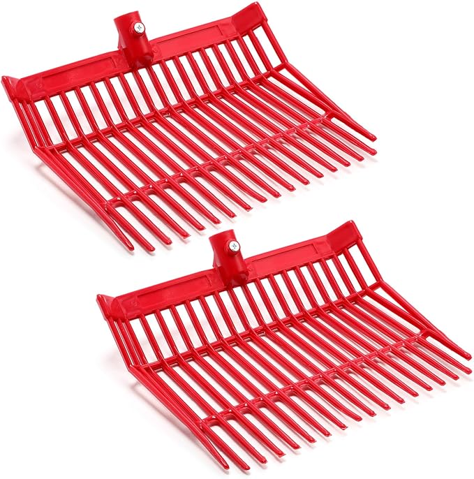 Lasnten Manure Fork Replacement Head, 18 Tines Pitchfork Head with Screws and Nuts, Horse Manure Rake for Picking up Grass and Hay(Red,2 Pcs)