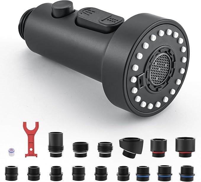 J-HVA Pull Down Kitchen Faucet Sprayer Head Replacement Part, 3 Function with 15 Adapters Pull Out Sink Sprayer Replacement Nozzle, Kitchen Faucet Head Hose Spray Tap Spout, Matte Black