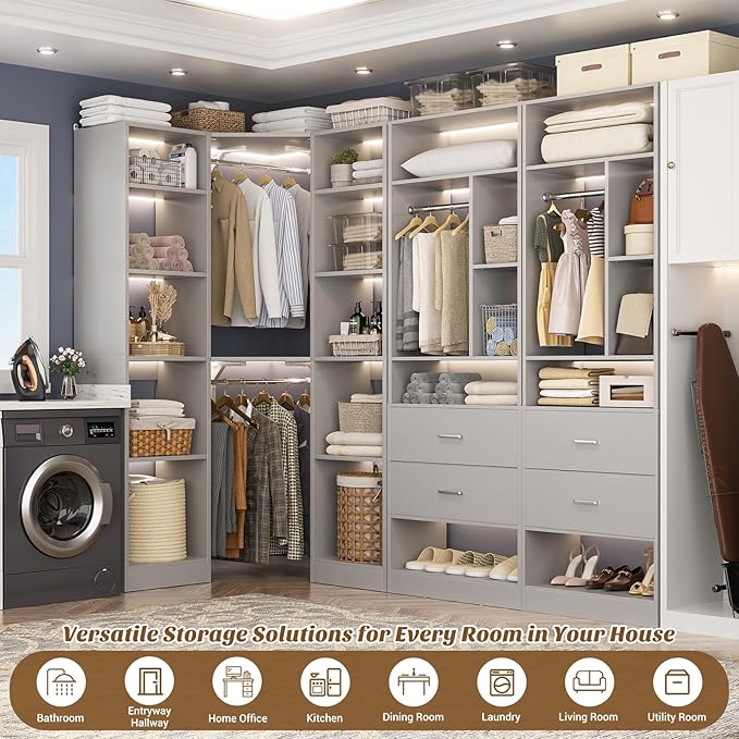 Large Corner Closet System with 3 Sets, 87.2" Closet Organizer System with 4 Drawers & 4 Hanging Rods, Reversible L Shaped Walk-in Closets, Load 2000+LBS, Grey (87.2" L x 39.2" W x 80" H)