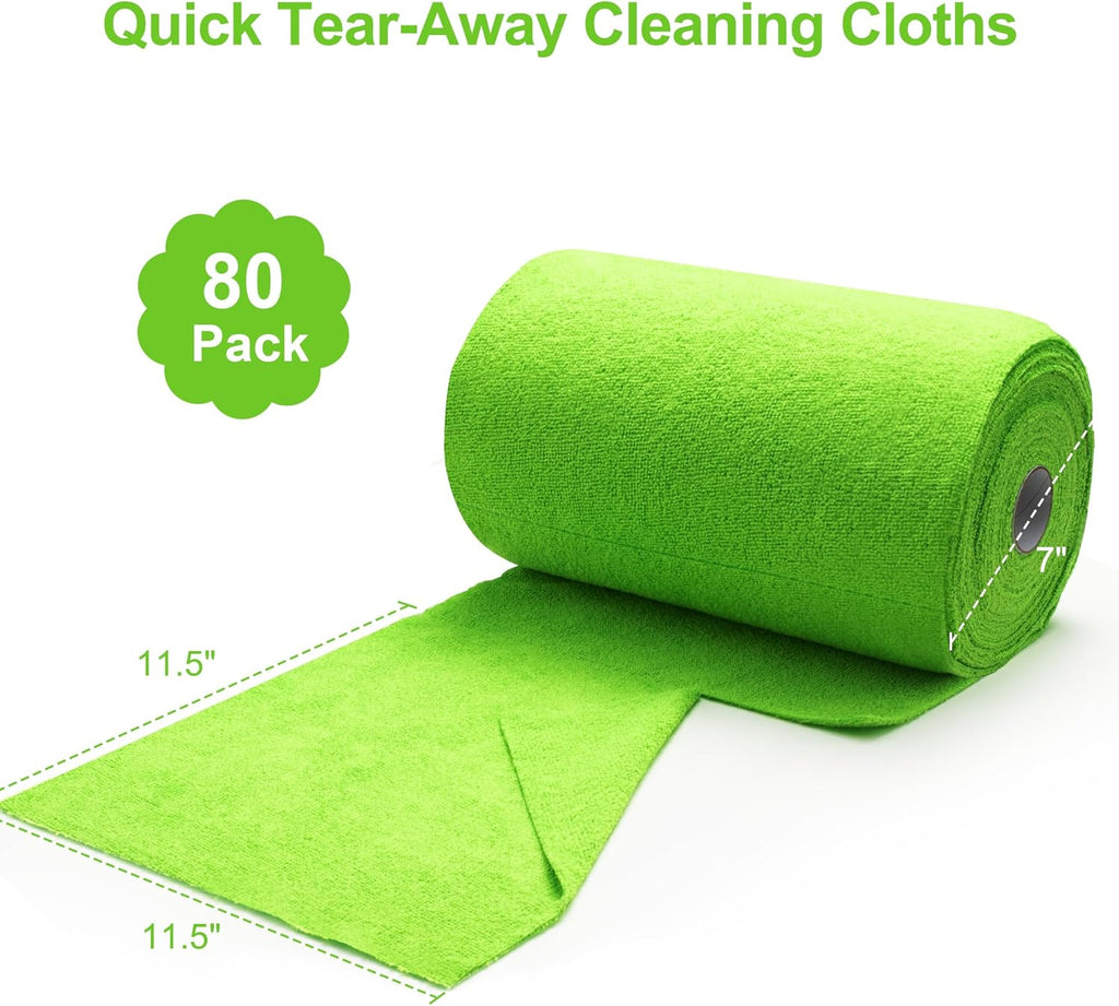 Greenfound Microfiber Cleaning Cloth Roll -80 Pack, 11.5x11.5, Tear Away Towels, Reusable and Washable Rags, Green