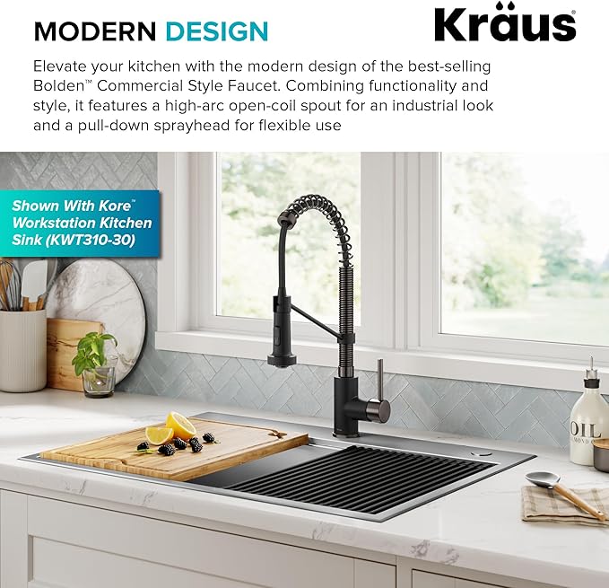 KRAUS Bolden Commercial Style 2-Function Single Handle Pull Down Kitchen Faucet in Matte Black/Black Stainless, KPF-1610MBSB (Pack of 1)