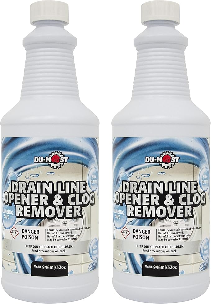 DU-MOST Drain Line Opener & Clog Remover, Concentrated Alkaline Based Cleaner, Non-Fuming, Non-Acid, Dissolve & Remove Obstructions in Clogged or Slow-Running Drain, Plumbing Safe, 32 Oz (Pack of 2)