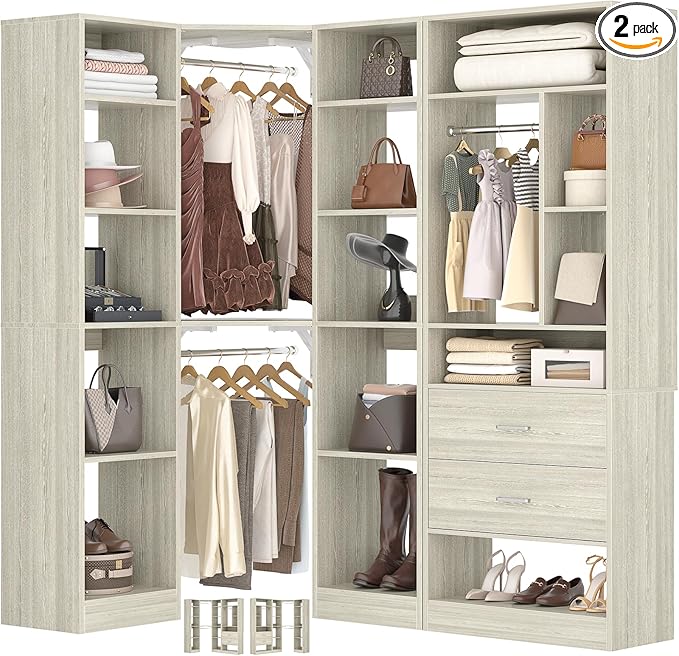 Corner Closet System with 2 Sets, 63.2" Corner Closet Organizer System with 2 Drawers + 18 Shelves + 3 Hanging Rods, Reversible L Shaped Walk-in Closets, White Oak (63.2" L x 39.2" W x 80" H)
