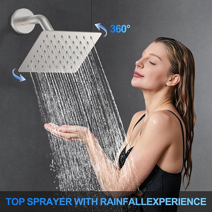 Shower Faucet Set, 10" Wall Mount Rainfall Shower System with 2 Rain Shower Head and Multi-function Handheld Head Push Button Diverter Shower Faucet Trim Kit Brushed Nickel