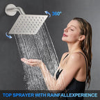 Shower Faucet Set, 10" Wall Mount Rainfall Shower System with 2 Rain Shower Head and Multi-function Handheld Head Push Button Diverter Shower Faucet Trim Kit Brushed Nickel