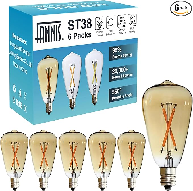 6pcs ST38 Edison Small Bulb 2W Equivalent to 10W-15W-20W E12 Base Warm Amber Glass LED Bulbs for Chandeliers Fans Candelabras Outdoor ST38 String Lights