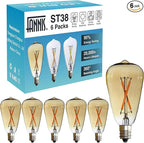 6pcs ST38 Edison Small Bulb 2W Equivalent to 10W-15W-20W E12 Base Warm Amber Glass LED Bulbs for Chandeliers Fans Candelabras Outdoor ST38 String Lights