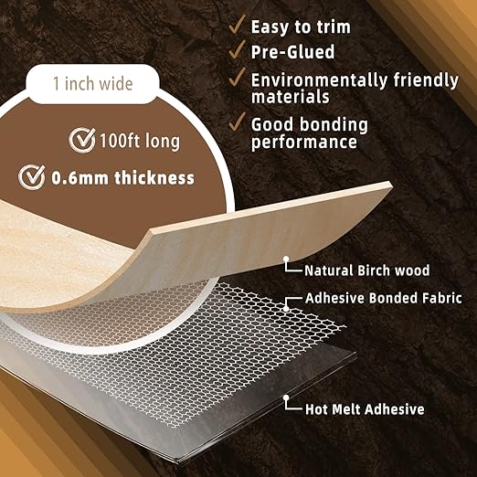 GSCIT Club Birch Edge Banding, 1 inch x 100ft roll of Wood Veneer Edge Banding Pre-glued Flexible, Real Wood Tape for Cabinet Repair & Furniture Restoration