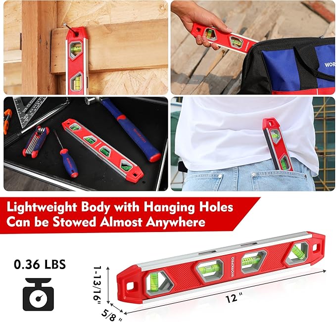 WORKPRO 12 Inch Torpedo Level, Magnetic Small Leveler Tool, Plumbing Level with Pitch Vial, Aluminum Reinforced, 4 Bubbles, V-Groove for Conduit Bending