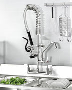 Commercial Kitchen Faucet Heavy Duty Wall Mount Sink Faucet, 8 Inch Center 25 Inch Commercial Kitchen Faucet with Pre-Rinse Sprayer （Black） and 10 Inch Add-On Spout for 1,2,3 Compartment Sinks