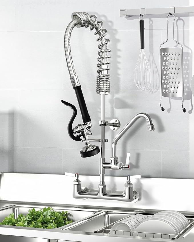 Commercial Kitchen Faucet Heavy Duty Wall Mount Sink Faucet, 8 Inch Center 25 Inch Commercial Kitchen Faucet with Pre-Rinse Sprayer （Black） and 10 Inch Add-On Spout for 1,2,3 Compartment Sinks