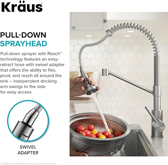 KRAUS Bolden Commercial Style 2-Function Single Handle Pull Down Kitchen Faucet in Spot-Free Brushed Brass, KPF-1610BB