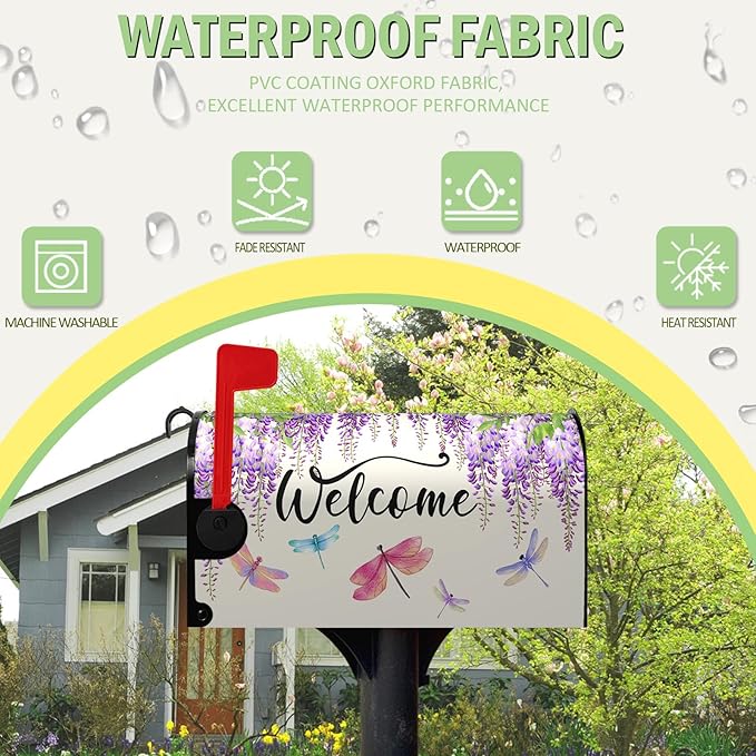 Violet Spring Floral Welcome Mailbox Covers Magnetic Oversized Purple Flowers Dragonflies Mailbox Cover Summer Post Box Cover Wraps Large Size 25.5 X 21 Inch for Home Yard Decorations