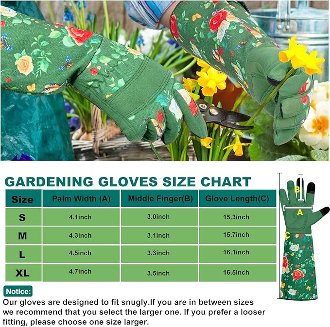 DLY Gardening Gloves,Leather Rose Gloves,Women's Long Glove for Gardening Work and Yard Work,Durable and Comfortable(Large, Green