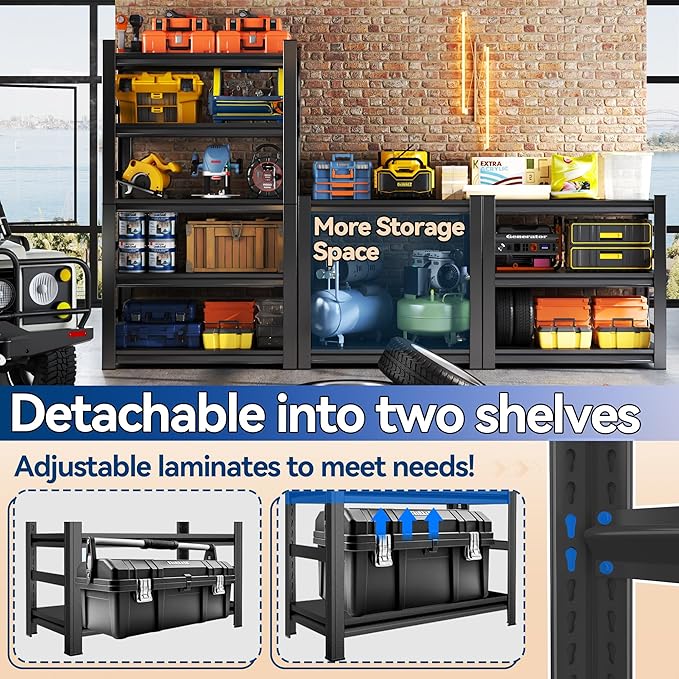 Garage Shelving, 2500LBS Garage Shelving Heavy Duty, Adjustable and Detachable Metal Storage Shelves with Fences, Easy Assembly, Shelves for Warehouse,Basement (35.4" W*15.7" D*72" H)