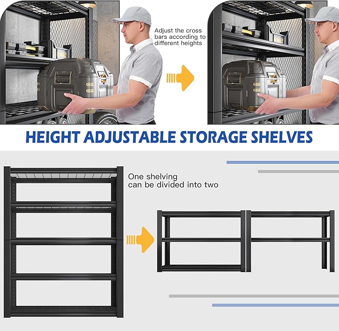 REIBII 3010LBS Storage Shelves 72" H Garage Shelving Heavy Duty Metal Shelving 5 Tier Adjustable Metal Shelves for Storage for Kitchen Pantry Warehouse Basement 72" H x 35.5" W x 16" D, 4 Pack