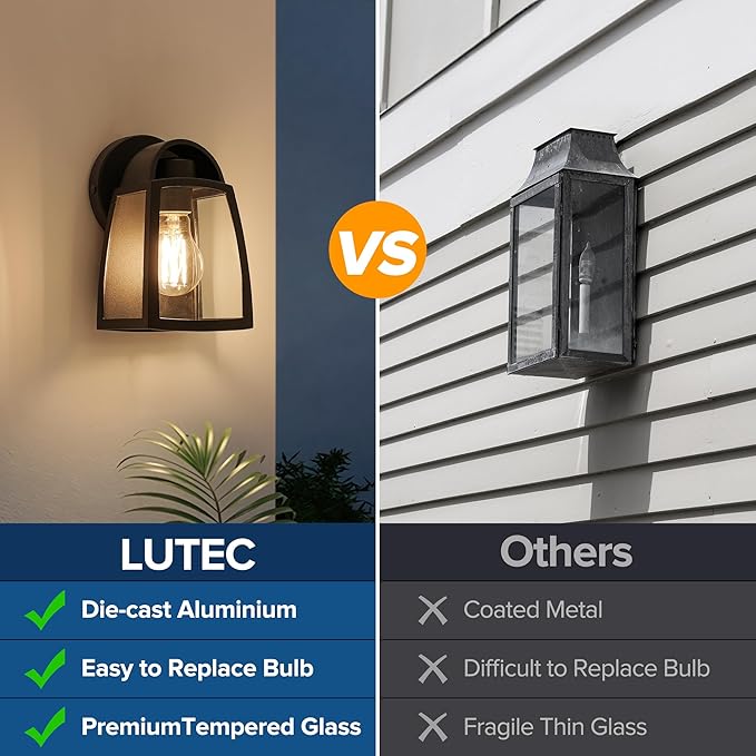 LUTEC 2 Pack Outdoor Wall Light Fixtures, Exterior Waterproof Wall Lantern with Clear Glass Shade, Aluminum Modern Matte Black Porch Sconce Outdoor Lighting for Garage Entryway Yard