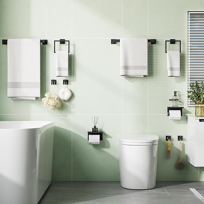 10-Pieces Bathroom Hardware Set, SUS304 Stainless Steel Wall Mounted 23.6 Inch Towel Bar, Toilet Paper Holder, Towel Hooks, Bathroom Towel Bar Set (Matte Black (Type 2), 10 Piece-23.6 inch)