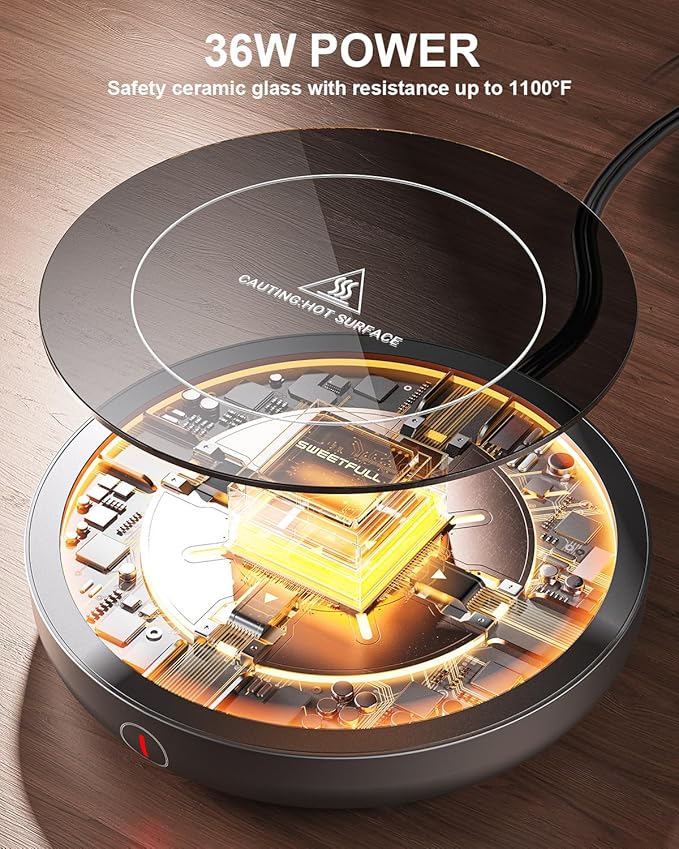 SWEETFULL Coffee Mug Warmer, 36W Electric Coffee Cup Warmer for Desk with 3-Temp Settings Advanced Temperature-Controlled Beverage Warmers Heating Plate for Coffee, Milk, Tea, Candle Wax - Black