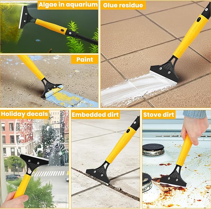 Heavy Duty Floor Scraper with 44.5” long handle, 4” Scraper Tool with 10 Replacement Metal Razor Blades, Paint Scraper for Cleaning Gum Glass Wall Tile Glue Linoleum Stove Top