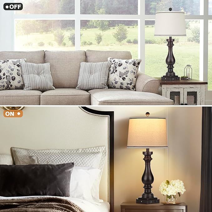 27.5" Farmhouse Table Lamp for Living Room Set of 2,Vintage Bedside Nightstand Lamps with USB C+A Ports & AC Outlet,3-Way Dimmable Touch Control Retro Black Desk Lamp for Bedroom,Black