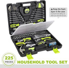 FASTPRO 225-Piece Household Tool Set, SAE & Metric Mechanics Hand Tool Set with Toolbox, Home/Auto Repairing Tool Kit for DIY, Home Maintenance and Car Repairing, Green