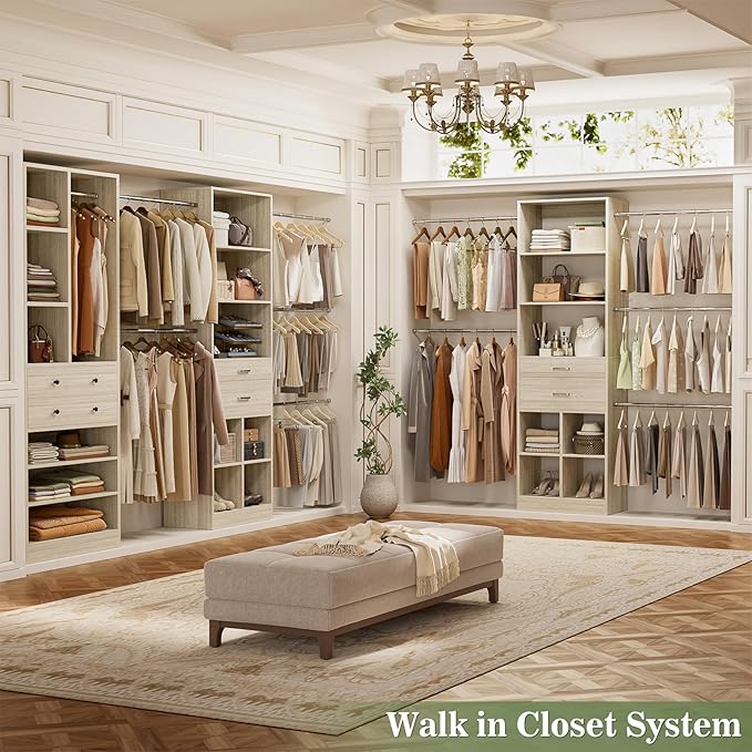Closet System, Up to 128.6"/10.7 FT Closet Organizer with 4 Wooden Drawers and Shelves, Walk-in Closet System with 6 Hanging Rods, Built-in Closet Can Fit 96"/8FT, 120"/10FT, Greige Oak