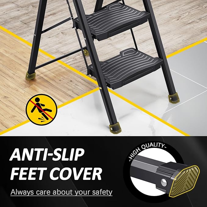 KINGRACK Step Ladder 3 Step Folding, 900lbs 3 Step Ladder with Non-Skid Wide Pedal and Handrails, Lightwight Household Ladder, Sturdy Step Stool, for Your Kitchen, Closets, Office Use, Garage, Black