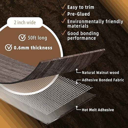 GSCIT Club Walnut Edge Banding, 2 inch x 50ft roll of Veneer Edge Banding - Pre-glued Flexible, Real Wood Tape for Cabinet Repair & Furniture Restoration