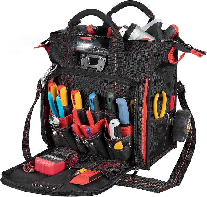 Hultafors Work Gear HTL573 Lighted Technician's Tool Bag, 55 Pockets, Heavy Duty Ballistic Polyester Tool Carrier, Adjustable Swivel Light, Large Center Compartment
