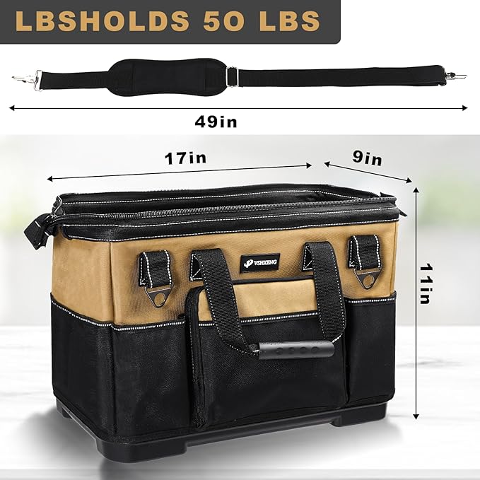 17 IN Large Tool Bag For Men Heavy Duty, Drill Bag Tool Bag Organizer, Wide Mouth Waterproof Hard Bottom Multiple Pockets Tool Tote, Tool Caddy, Maintenance