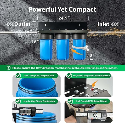 iSpring Whole House Water Filter System, Reduces up to 99% Chlorine, Sediments, Taste, Odor, 3-Stage w/ 10-Inch Sediment and Carbon Block Filters, Model: WGB31B, 1" Inlet/Outlet
