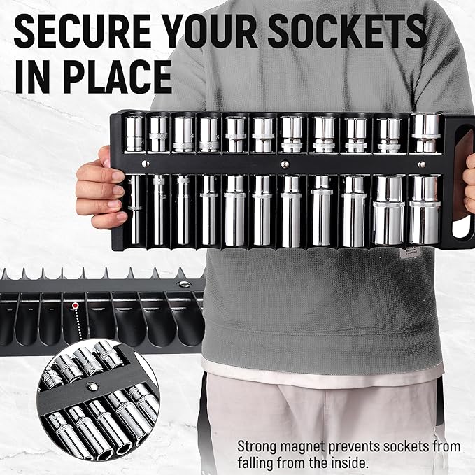 Magnetic Socket Organizer Set, 3-Piece Black Portable Magnetic Socket Holder Tray, Heavy Duty Socket Racks For 1/2-inch& 3/8-inch& 1/4-inch Drive, Hold 76 Sockets - Fit Shallow&Deep Sockets