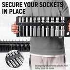 Magnetic Socket Organizer Set, 3-Piece Black Portable Magnetic Socket Holder Tray, Heavy Duty Socket Racks For 1/2-inch& 3/8-inch& 1/4-inch Drive, Hold 76 Sockets - Fit Shallow&Deep Sockets