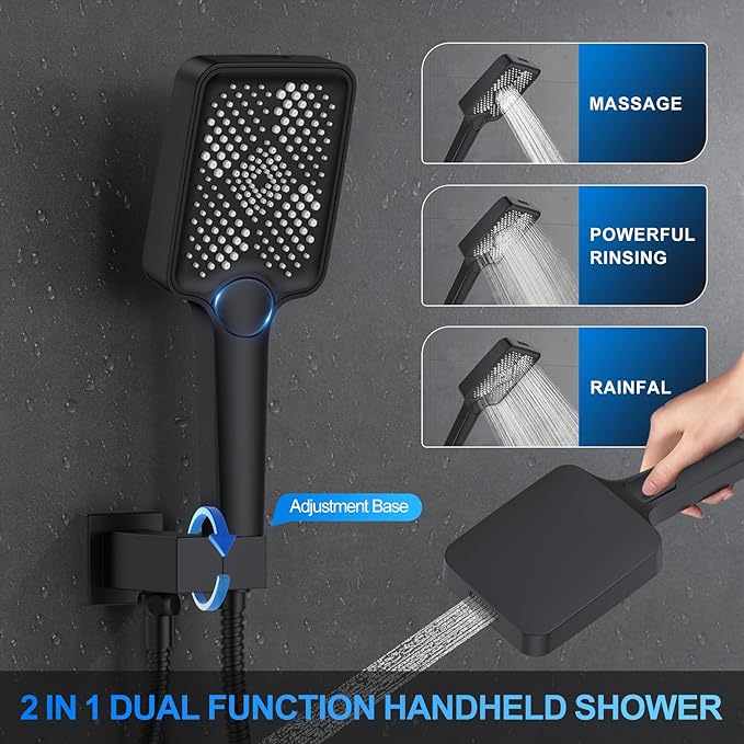 Shower Faucet Set, 10" Wall Mount Rainfall Shower System with 2 Rain Shower Head and Multi-function Handheld Head Push Button Diverter Shower Faucet Trim Kit Matte Black