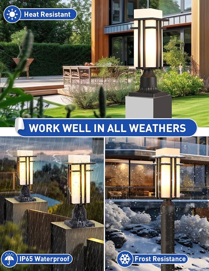 Outdoor Post Lights Waterproof Metal Frame with Milk White Frosted Glass Pier Mount Outdoor Lighting Fixtures(with 3-Inch Pier Mount Base) Pillar Light Post Lantern for Garden Backyard and Porch