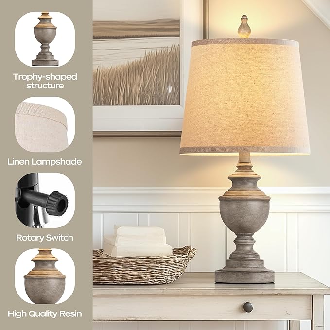 PARTPHONER Retro Table Lamps Set of 2, Bedside Lamp for Bedroom Rustic Farmhouse Table Lamps for Living Room, 22" Vintage Nightstand Lamps with White Shades, Antique Grey