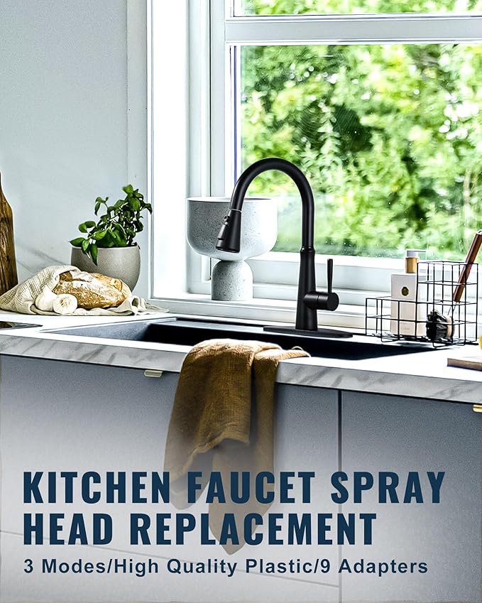 ALEASHA Pull Down Kitchen Faucet Head Replacement,3-Function Sink Spray Nozzle with 9 Adapters,Compatible with Moen,American Standard,Delta,Kohler Faucets,Matte Black