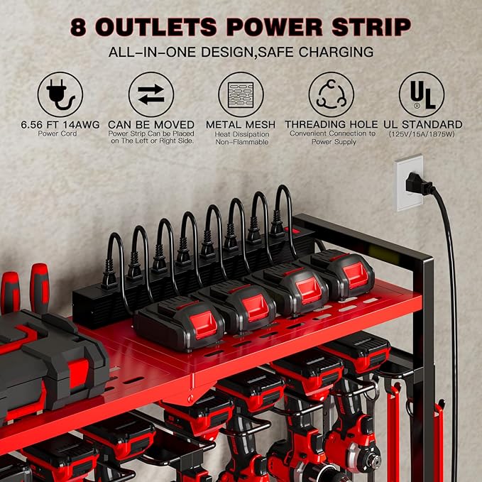 Large Power Tool Organizer Cart with Charging Station 8 Drill Holder Garage Storage Standing Heavy Duty and Stability Storage Rack Utility Tool Shelf (Red)