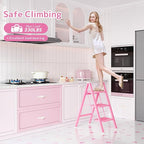 GameGem Pink Step Ladder 3 Step Folding, Small Step Stool for Women to Reach Higher Places, Widen 7.9Inch Pedal for Comfortable Use, Anti-Slip Foot for Safe Use, Sturdy and Fold Thin, 330Lbs Load