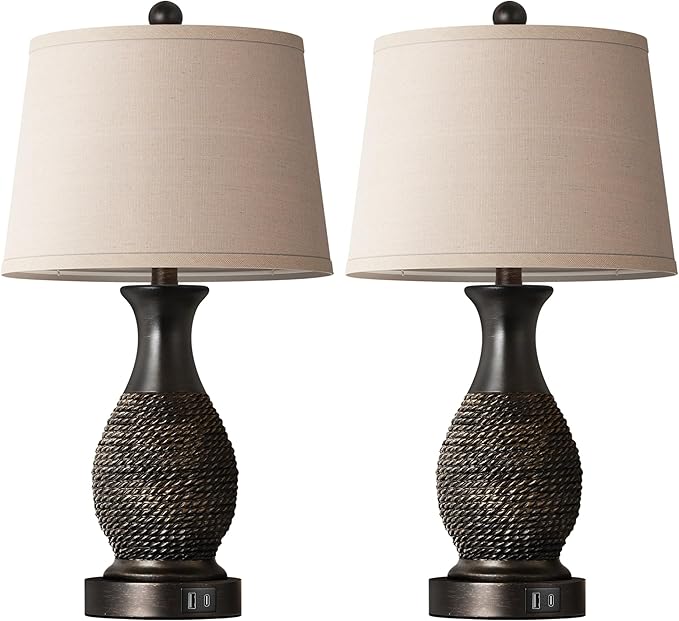 PARTPHONER Table Lamps Set of 2, Bedside Touch Lamp with USB C+A Charging Ports, Side Table Lamp with Linen Fabric Shade (LED Bulbs Included), Black with Gold Accents