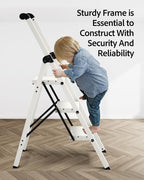 Taranta 3 Step Ladder, Lightweight Aluminum Step Stool with Convenient Handgrip, Folding Ladder with Anti-Slip Pedals, 330lbs Capacity Stepladder for Home, Office, Kitchen - White