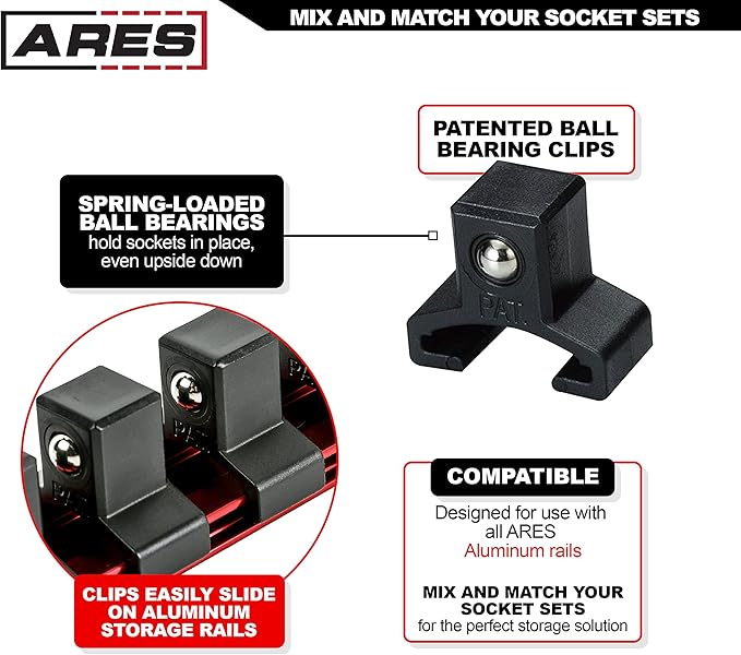 ARES 70086-1/2-Inch Drive Black Aluminum Socket Organizer - Store up to 16 Sockets and Keep Your Tool Box Organized - Sockets Will Not Fall Off this Rail