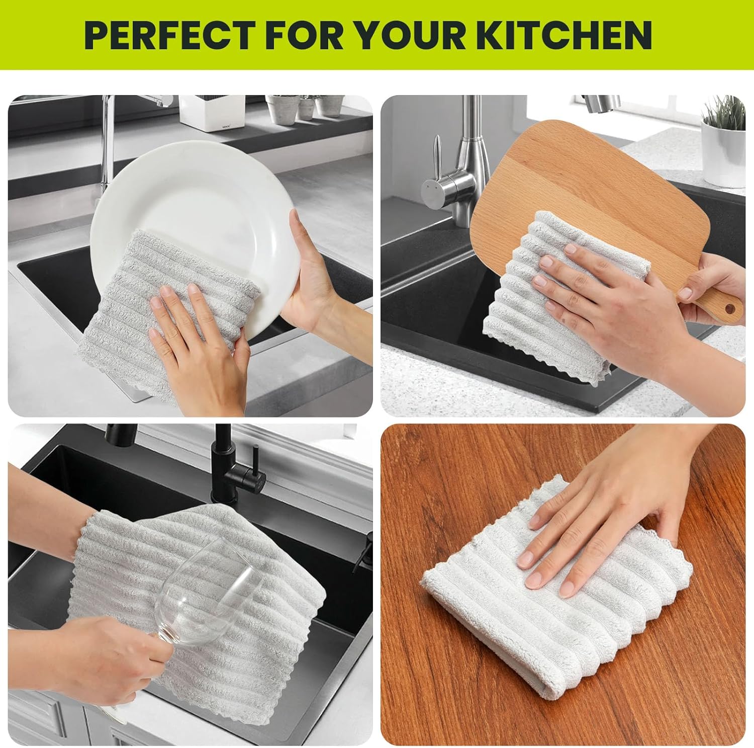 Kitchen Dish Cloths,Super Absorbent Coral Velvet Dish Towels,Quick Drying Kitchen Towels No Lint Dish Rags,Reusable Household Microfiber Cleaning Cloth,12X12 inches(12 Pack,Light Grey Streak)