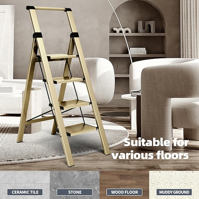 HillhutApex 4 Step Foldable Aluminum Step Ladder with Handgrip, Anti-Slip Pedal, 330 lbs Capacity, Lightweight & Portable for Home, Kitchen, Office, Garage (Gold)