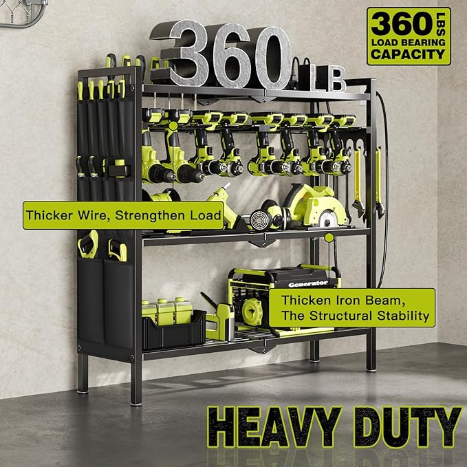 Large Power Tool Organizer Cart with Charging Station 8 Drill Holder Garage Storage Standing Heavy Duty and Stability Storage Rack Utility Tool Shelf (Black)