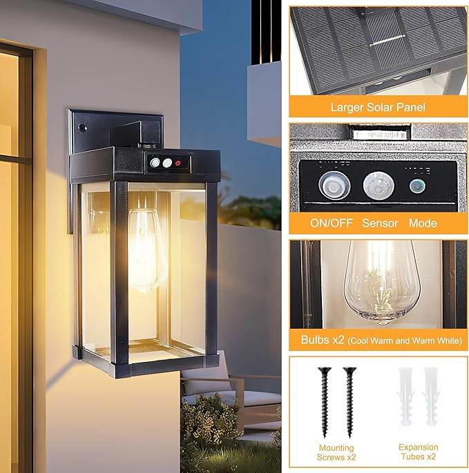 2 Pack Solar Wall Lights Outdoor Waterproof with 3 Lighting Modes & Motion Sensor, Dusk to Dawn Exterior Porch Light fixtures, Solar Wall Lantern Fixture for Garage Porch Yard Front Door